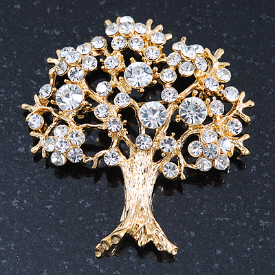 Clear Crystal 'Tree Of Life' Brooch In Gold Plating - 52mm Length - main view