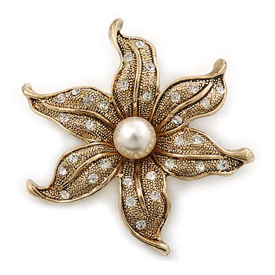 Gold Plated Textured, Crystal, Simulated Pearl 'Flower' Brooch - 55mm Width - main view