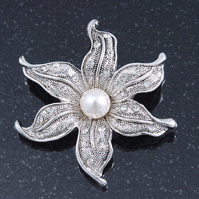 Silver Plated Textured, Crystal, Simulated Pearl 'Flower' Brooch - 55mm Width - main view