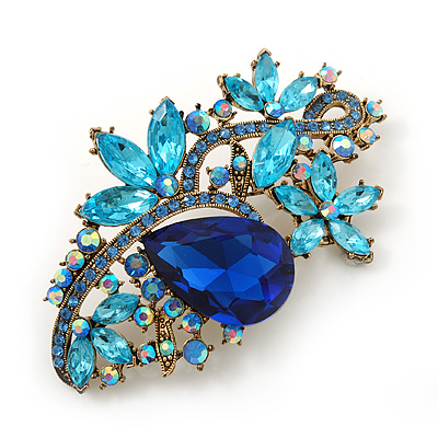 Vintage Inspired Azure, Sky Blue, Navy Blue Austrian Crystal Floral Corsage Brooch In Antique Gold Metal - 80mm Length - main view