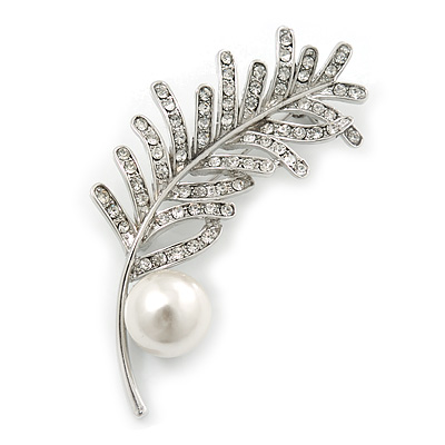 Delicate Rhodium Plated Crystal, Simulated Pearl 'Leaf' Brooch - 60mm Length - main view