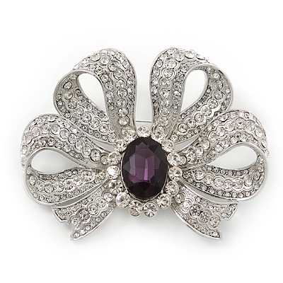 Large Clear Crystal, Purple CZ 'Bow' Brooch In Rhodium Plating - 70mm Length - main view