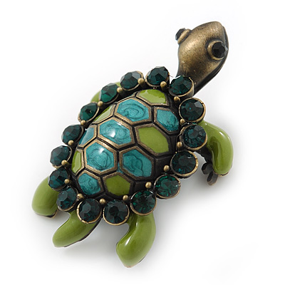 Vintage Inspired Green Enamel, Crystal 'Turtle' Brooch In Bronze Tone - 43mm Length