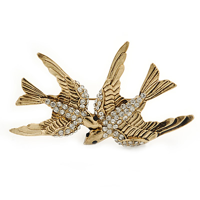 Gold Plated Crystal Double Swallow Brooch - 70mm Width - main view