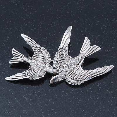 Rhodium Plated Crystal Double Swallow Brooch - 70mm Width