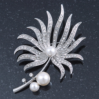 Large Rhodium Plated Clear Crystal, Simulated Glass Pearl 'Palm Leaf' Brooch - 70mm Length - main view