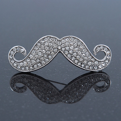 Quirky Clear Austrian Crystal Moustache Brooch In Rhodium Plating - 50mm Length