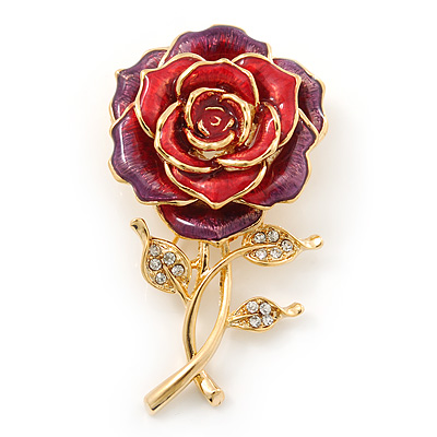 Red Enamel Crystal 'Rose' Brooch In Gold Plating - 60mm Length - main view