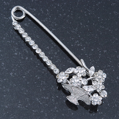Diamante 'Double Heart' Safety Pin Brooch In Rhodium Plating - 7.5cm Length