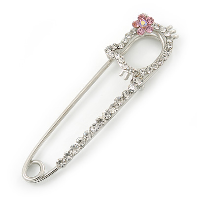 Rhodium Plated Crystal 'Kitty' Safety Pin Brooch - 70mm Length - main view
