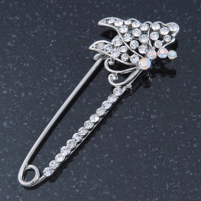 Rhodium Plated Crystal 'Butterfly' Safety Pin - 75mm Length