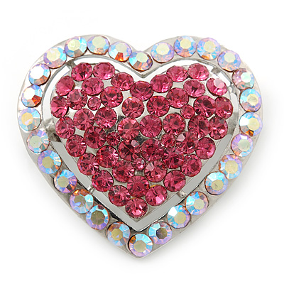 Silver Tone Dazzling Diamante Heart Brooch (Pink/ AB) - 40mm Length - main view
