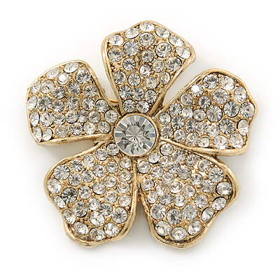 Gold Plated Clear Swarovski Crystal 'Flower' Brooch - 45mm Across - main view