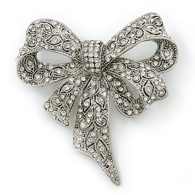 Marcasite Swarovski Crystal 'Bow' Brooch In Silver Tone - 65mm Length - main view