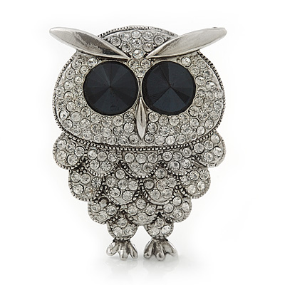 Clear Swarovski Crystal 'Owl' Brooch In Rhodium Plating - 47mm Length