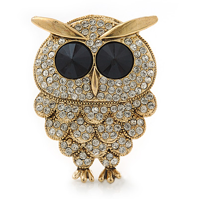 Clear Swarovski Crystal 'Owl' Brooch In Gold Plating - 47mm Length - main view