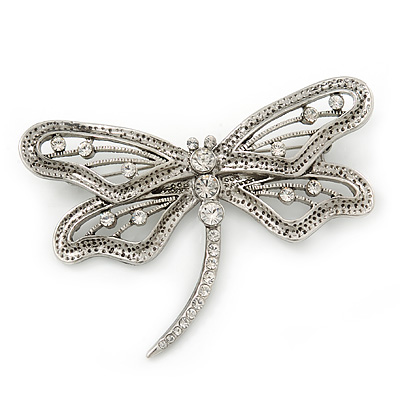 Large Crystal 'Dragonfly' Brooch In Silver Tone - 75mm Width