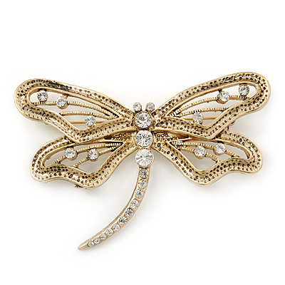 Large Crystal 'Dragonfly' Brooch In Gold Tone - 75mm Width - main view
