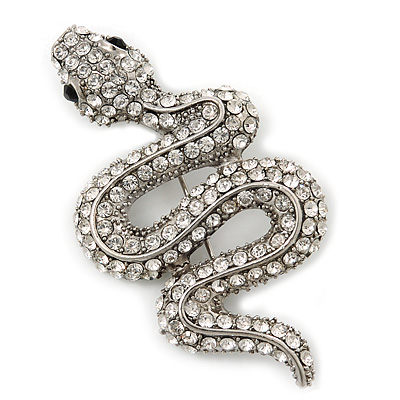 Clear Austrian Crystal 'Snake' Brooch In Silver Tone Plating - 65mm Length - main view
