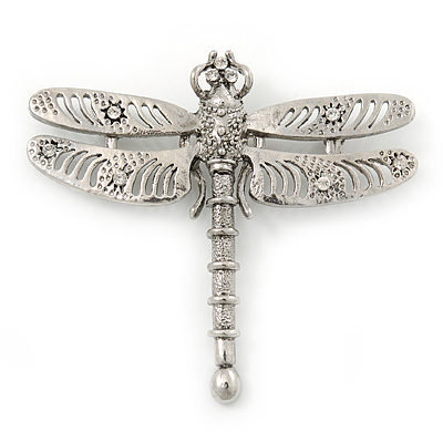 Silver Tone Textured, Crystal 'Dragonfly' Brooch - 70mm Width