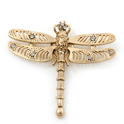 Gold Plated Textured, Crystal 'Dragonfly' Brooch - 70mm Width - main view