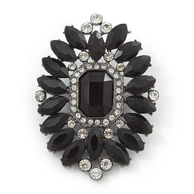 Victorian Style Black, Clear Acrylic Stone Oval Brooch In Gun Metal - 50mm Length - main view