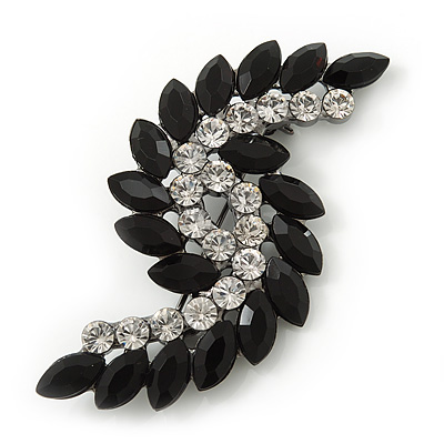 Victorian Style Black, Clear Acrylic Stone 'Leaf' Brooch In Gun Metal - 65mm Length - main view