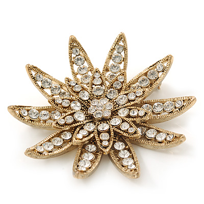 Gold Plated Clear Swarovski Crystal 3D 'Lotus' Brooch - 60mm Diameter - main view