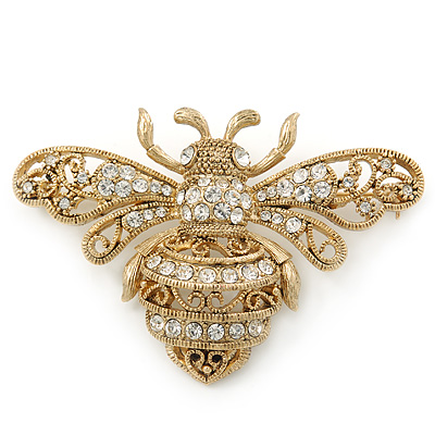 Vintage Inspired Antique Gold Tone Crystal 'Bumble Bee' Brooch - 60mm Width