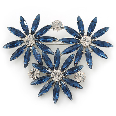Cobalt Blue, Clear Triple Flower Corsage Brooch In Silver Tone - 75mm Across - main view