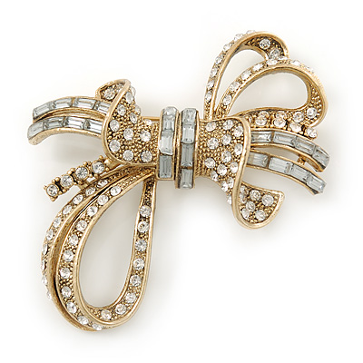 Contemporary CZ, Crystal Textured Bow Brooch In Gold Plating - 60mm Length - main view