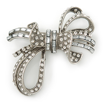 Contemporary CZ, Crystal Textured Bow Brooch In Silver Plating - 60mm Length - main view