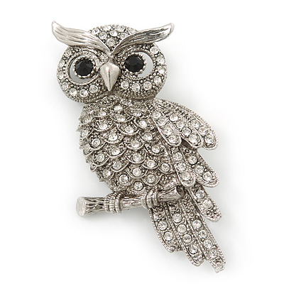 Clear Crystal Owl Brooch In Rhodium Plating - 55mm Tall - main view