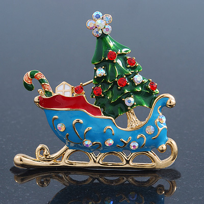 Gold Plated Multicolored Enamel, Crystal Christmas Sleigh Brooch- 53mm Length - main view