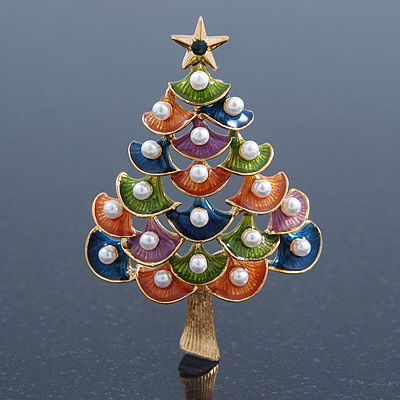 Multicoloured Enamel Simulated Pearl Christmas Tree Brooch In Gold Plating - 55mm Length - main view