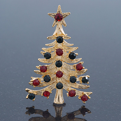Red, Green Austrian Crystals Christmas Tree Brooch In Gold Plating - 55mm Length - main view