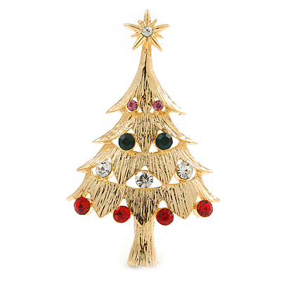 Red, Green, Clear, Pink Austrian Crystals Christmas Tree Brooch In Gold Plating - 60mm Length - main view