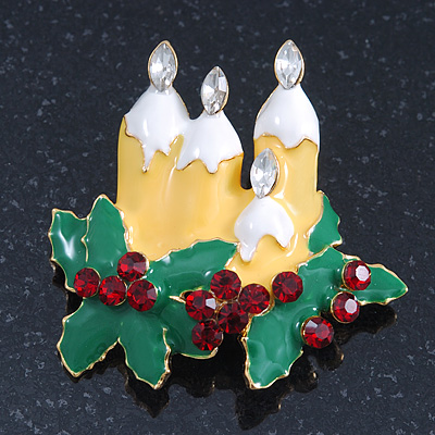 Holly and Christmas Yellow, Whtie, Green Enamel Candles Brooch In Gold Plating - 43mm Length - main view