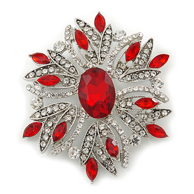 Stunning Bridal Red, Clear Austrian Crystal Corsage Brooch In Rhodium Plating - 60mm Length - main view