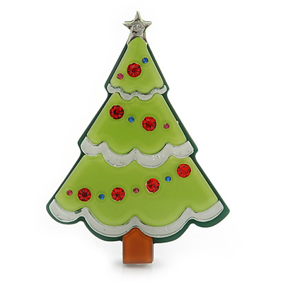 Light Green, Dark Green Red Swarovski Crystal 'Christmas Tree' Acrylic Brooch - 55mm Length