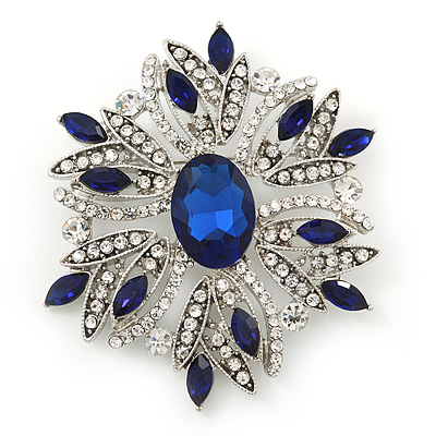 Stunning Navy Blue, Clear Austrian Crystal Corsage Brooch In Rhodium Plating - 60mm Length - main view