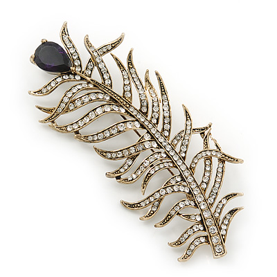 Large Vintage Inspired 'Peacock Feather' Brooch In Antique Gold Metal (Deep Purple/ Clear) - 90mm Length