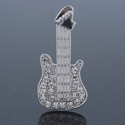 Rhodium Plated Clear Crystal 'Guitar' Brooch - 60mm Length - main view
