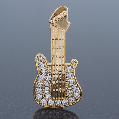 Gold Plated Clear Crystal 'Guitar' Brooch - 60mm Length - main view