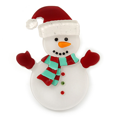 White/ Red Acrylic Crystal Christmas 'Snowman' Brooch - 55mm Length - main view