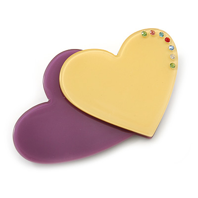 Purple/ Yellow Austrian Crystal Double Heart Acrylic Brooch - 70mm Across - main view