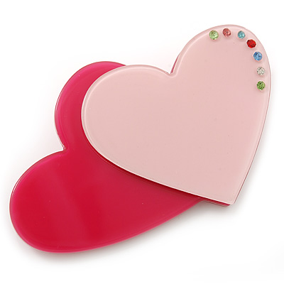 Deep Pink/ Baby Pink Austrian Crystal Double Heart Acrylic Brooch - 70mm Across - main view
