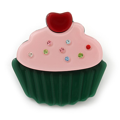 Dark Green/ Baby Pink Austrian Crystal Acrylic 'Cupcake' Pin Brooch - 40mm Across - main view