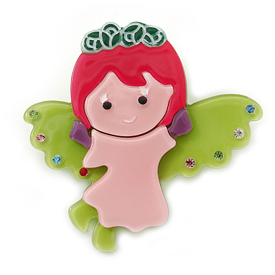 Baby Pink/ Lime Green/ Magenta Austrian Crystal, Acrylic 'Little Angel' Brooch - 50mm Length - main view
