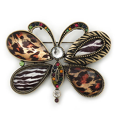 Large Animal Print Butterfly Brooch/ Pendant In Antique Gold Tone - 75mm Across - main view